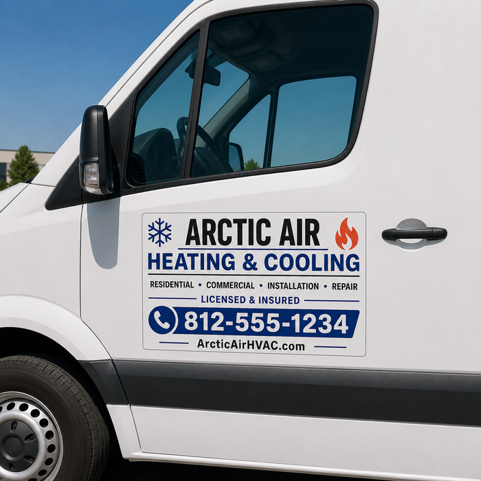 HVAC vehicle sign displayed on a white service van door with heating and cooling company branding