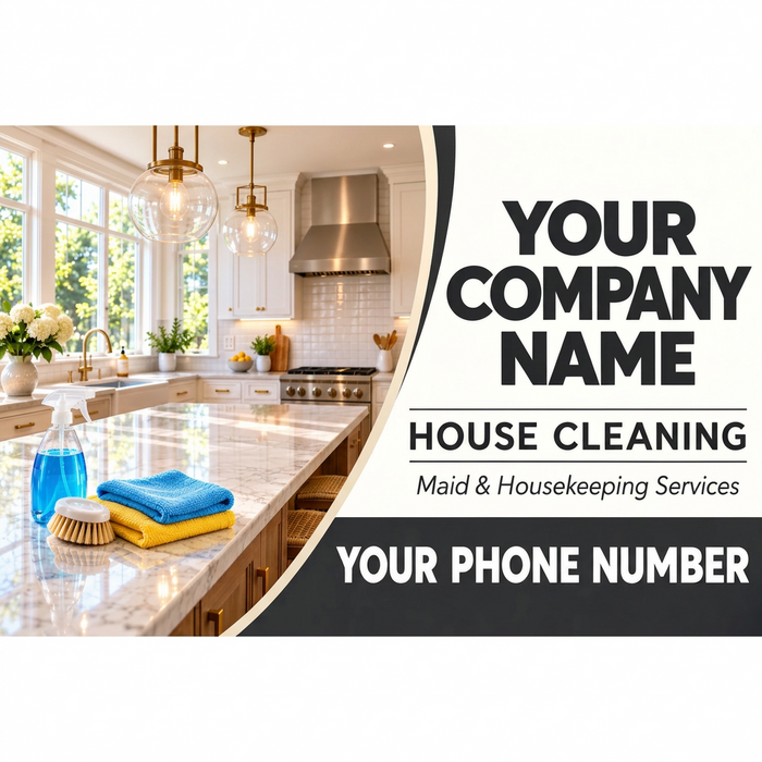 House cleaning and maid service vehicle sign featuring a sunlit kitchen, cleaning supplies, and customizable company name and phone number. Smaller size car door magnets or stickers for cleaning service advertising.