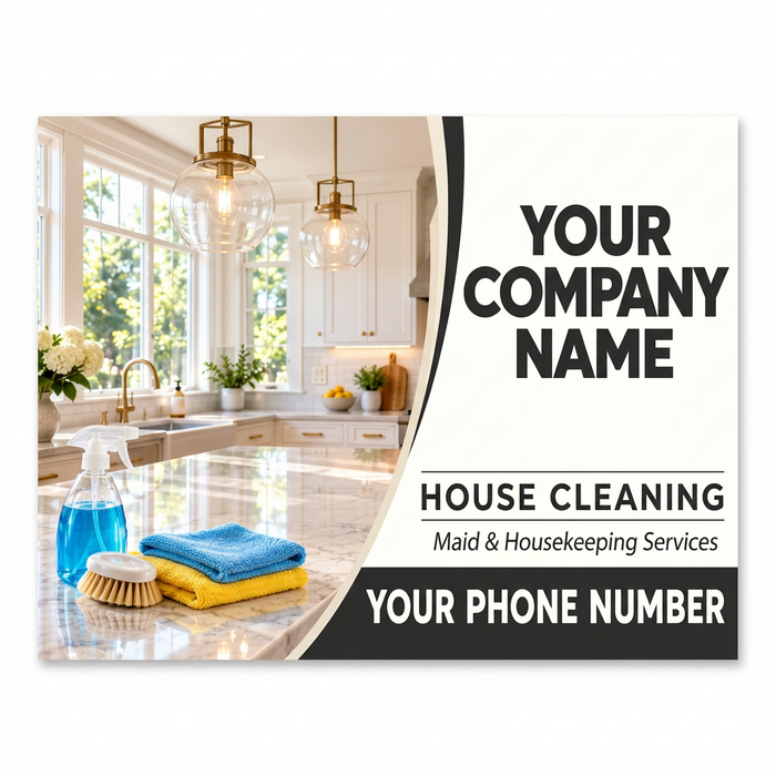 Promotional graphic for house cleaning services showing a bright modern kitchen interior on the left and large text on the right that reads 'YOUR COMPANY NAME', 'HOUSE CLEANING', 'Maid & Housekeeping Services', and 'YOUR PHONE NUMBER'. Magnetic sign or sticker option in standard size. 