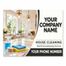 Promotional graphic for house cleaning services showing a bright modern kitchen interior on the left and large text on the right that reads 'YOUR COMPANY NAME', 'HOUSE CLEANING', 'Maid & Housekeeping Services', and 'YOUR PHONE NUMBER'. Magnetic sign or sticker option in standard size. 