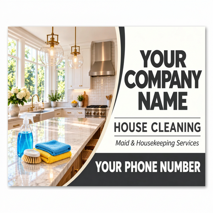 Promotional graphic for house cleaning services, featuring a bright modern kitchen interior on the left and large text on the right reading 'YOUR COMPANY NAME', 'HOUSE CLEANING', 'Maid & Housekeeping Services', and 'YOUR PHONE NUMBER'. Medium size for trucks and large car doors
