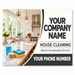 Promotional graphic for house cleaning services, featuring a bright modern kitchen interior on the left and large text on the right reading 'YOUR COMPANY NAME', 'HOUSE CLEANING', 'Maid & Housekeeping Services', and 'YOUR PHONE NUMBER'. Medium size for trucks and large car doors