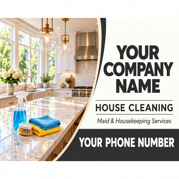House cleaning and maid service vehicle sign featuring a sunlit kitchen, cleaning supplies, and customizable company name and phone number. Large van size magnet or sticker