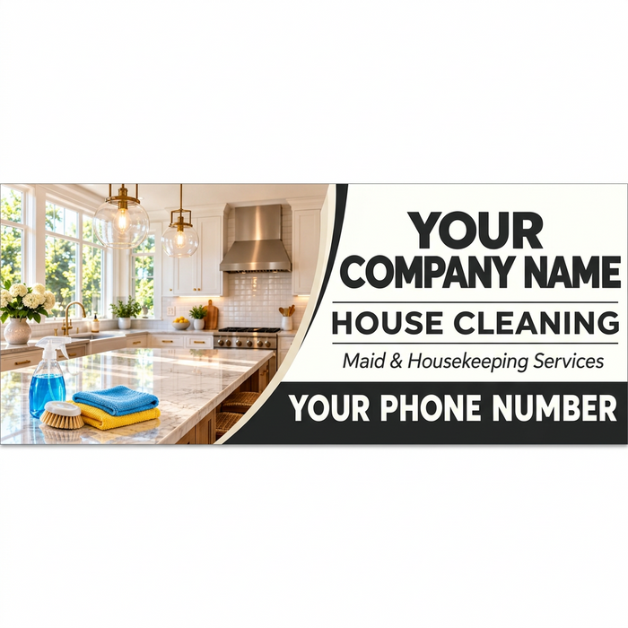 House cleaning and maid service vehicle sign featuring a sunlit kitchen, cleaning supplies, and customizable company name and phone number.