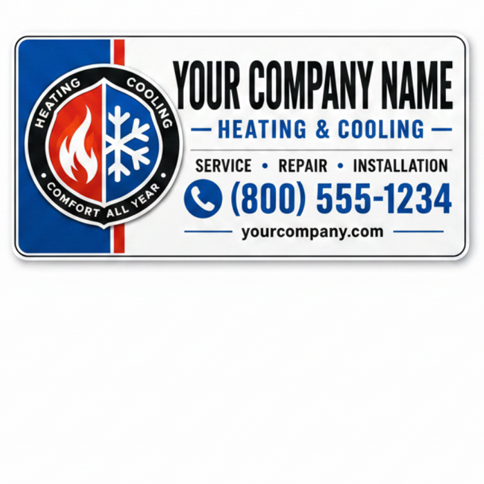 Custom HVAC vehicle magnet sign on white commercial service van featuring company name phone number and website