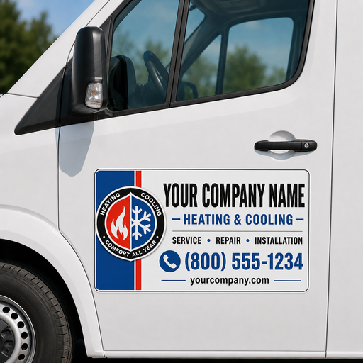 Modern Service Badge HVAC vehicle magnet sign installed on white service van door