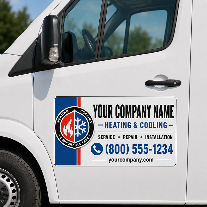 Modern Service Badge HVAC vehicle magnet sign installed on white service van door