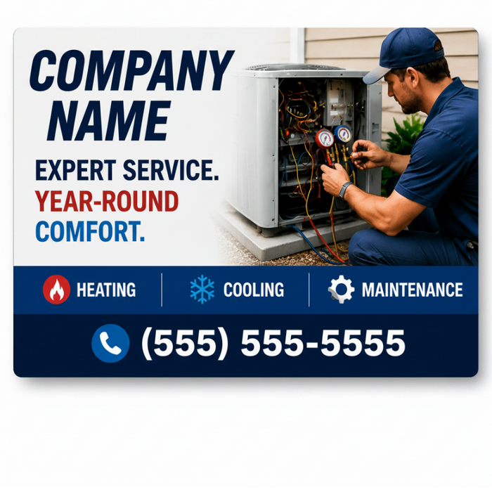 HVAC service technician magnetic vehicle sign with heating cooling and maintenance icons