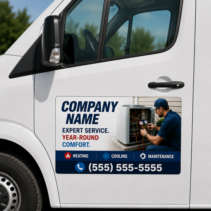 HVAC service technician magnetic vehicle sign with heating cooling and maintenance icons