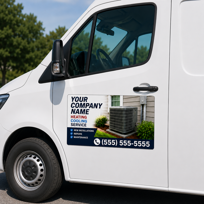 HVAC vehicle magnet or sticker installed on white cargo van door advertising heating and cooling installation repair and maintenance services