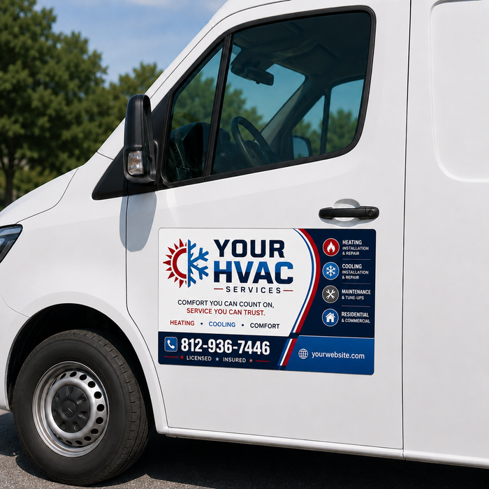 White van with HVAC services branding and contact information on a clear day.