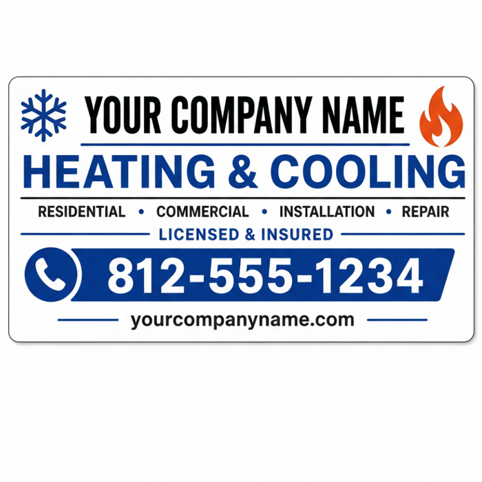Custom HVAC vehicle sign design featuring heating and cooling graphics, phone number, and company information