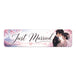 Decorative banner with 'Just Married' text and a couple embracing, set against a cherry blossom background.