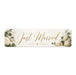 Decorative sign with 'Just Married' text and floral elements on a white background