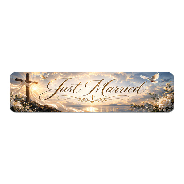 Christian Sunrise Just Married Magnetic Car Sign, Cross Wedding Magnet, Faith Based Wedding Car Sign