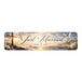 Decorative banner with 'Just Married' text, cross, and sunset design on a white background