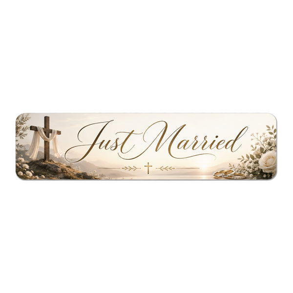 Christian Just Married Magnetic Car Sign, Cross Wedding Magnet, Faith Based Wedding Car Sign