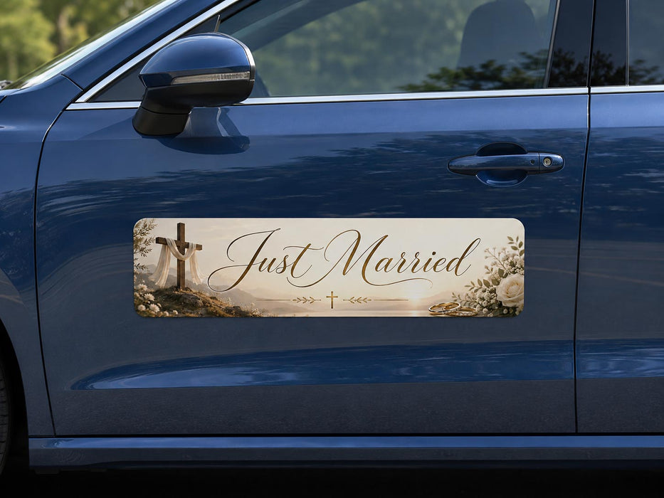 Car door with 'Just Married' sticker featuring crosses and flowers