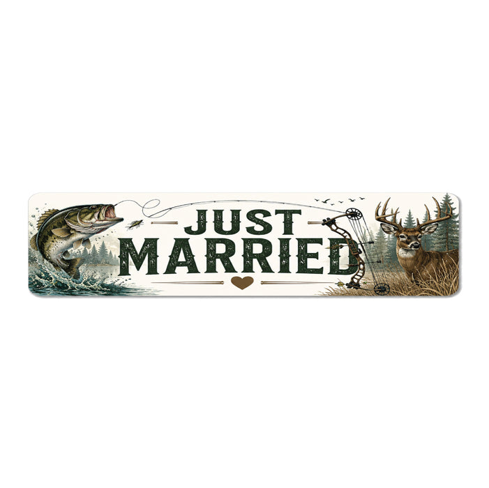 Decorative sign with 'Just Married' text, fish, and deer illustrations on a white background.