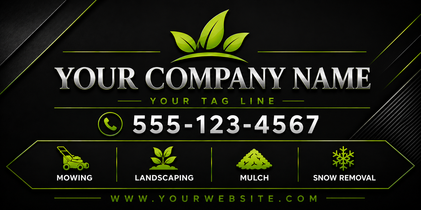 Luxury lawn care vehicle magnet featuring a black background, green leaf logo, company name, phone number, landscaping service icons, and website information.