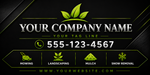 Luxury lawn care vehicle magnet featuring a black background, green leaf logo, company name, phone number, landscaping service icons, and website information.