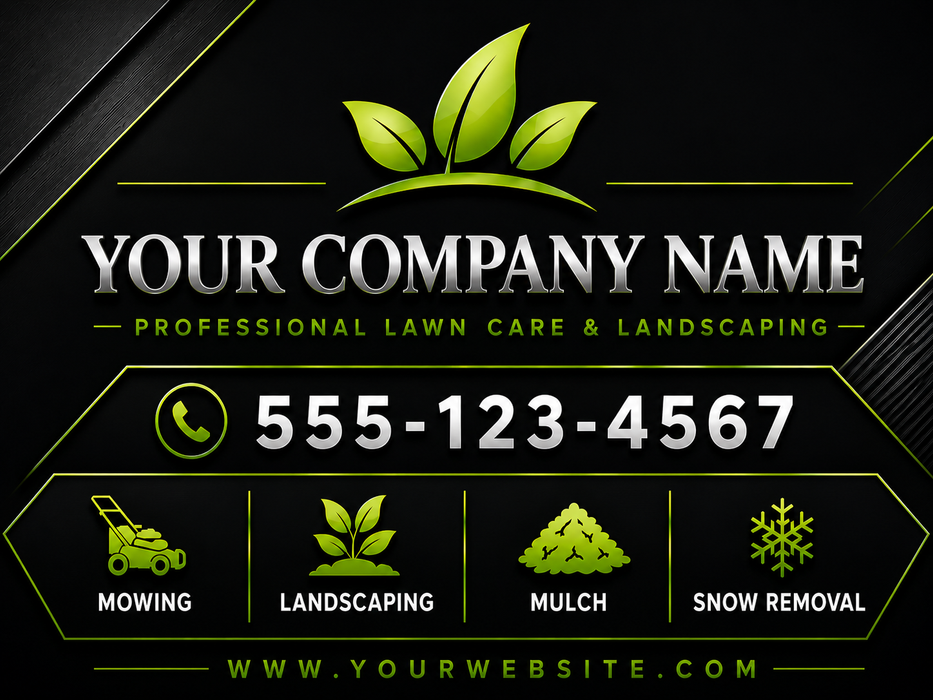 Luxury lawn care vehicle decal sticker featuring a black background, green leaf logo, company name, phone number, landscaping service icons, and website information.