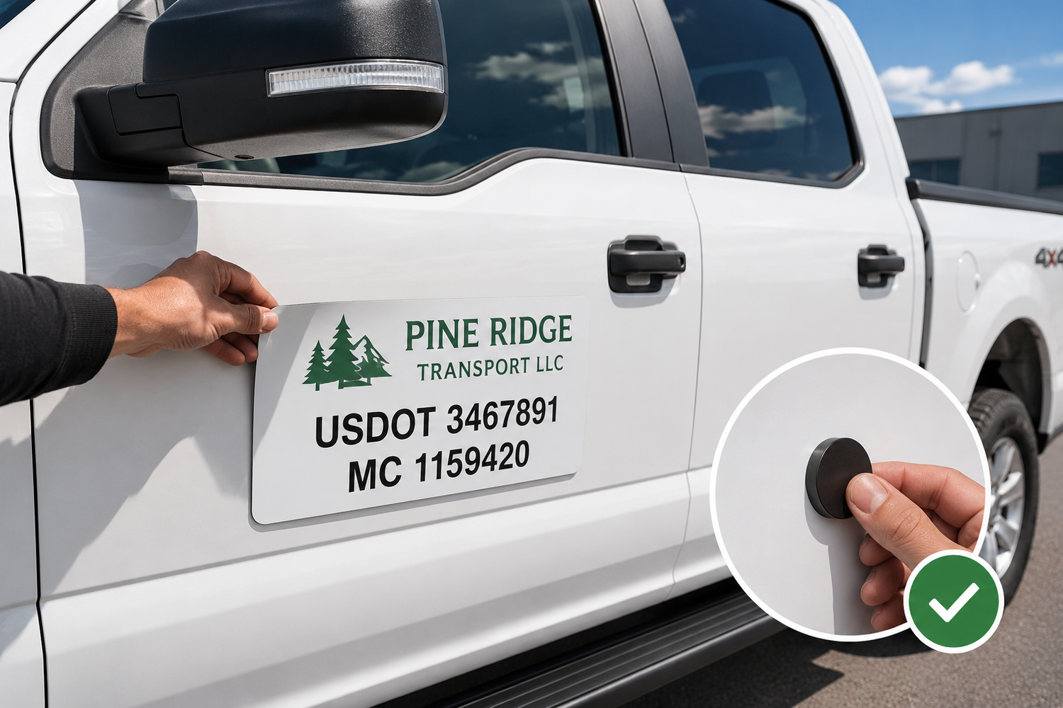 USDOT magnet being applied to a steel pickup truck door with household magnet compatibility test