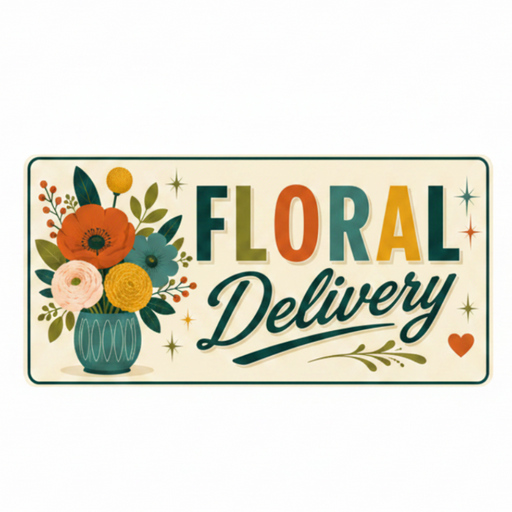 Floral delivery sign with colorful flowers and text on a beige background