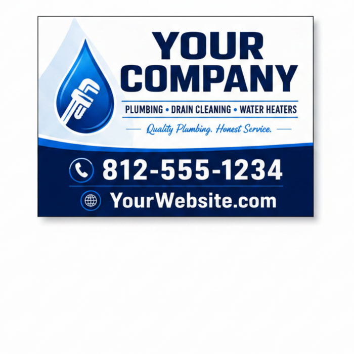 Modern plumbing truck door magnet layout with blue water drop design for plumbing contractors and service vehicles