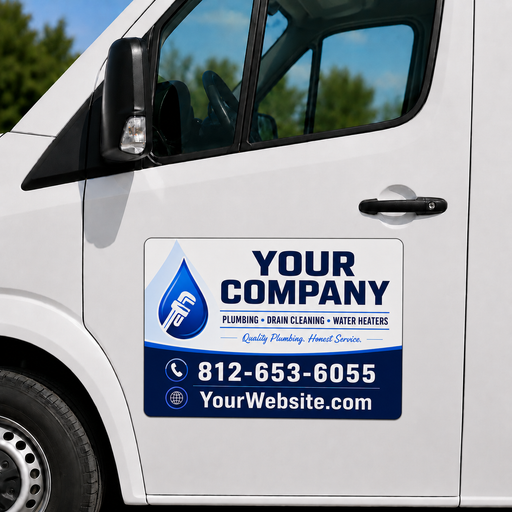 Modern blue plumbing vehicle magnet or sticker for plumbers featuring a custom truck door sign for service vans and work trucks