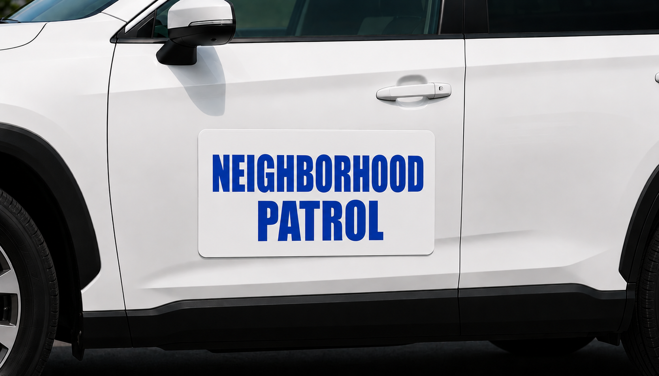 Neighborhood patrol magnetic sign for security vehicles and community watch programs
