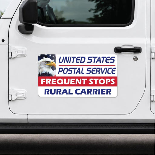 United States Postal Service bumper sticker on a white vehicle door.