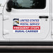 United States Postal Service bumper sticker on a white vehicle door.