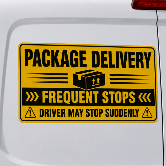  'Package Delivery frequent stops' magnetic sign on the back of a sprinter delivery van