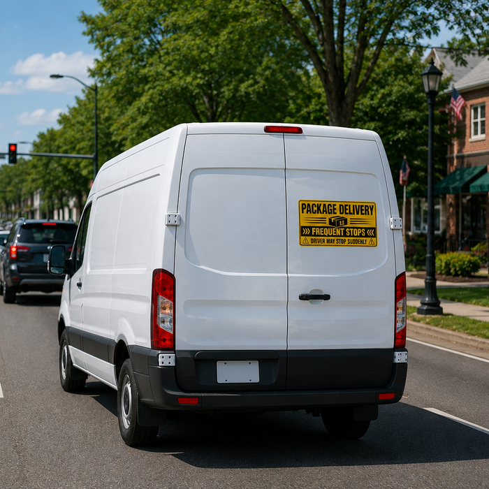 White delivery van with a package delvivery magnetic sign on the back door