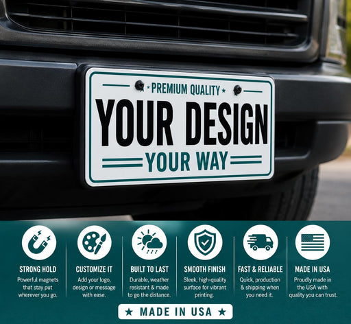 Custom license plate design on a car with promotional text and icons about product features.