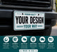 Custom license plate design on a car with promotional text and icons about product features.
