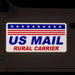 US Mail Rural Carrier magnetic decal sign on the front door of a white vehicle at night. 