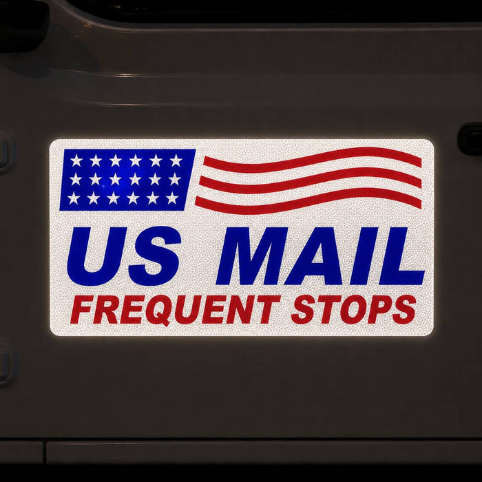 US Mail frequent stops sign with American flag design on a dark background