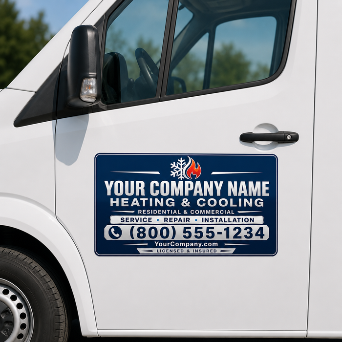 Professional HVAC magnet or sticker displayed on a service van door