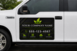Luxury lawn care vehicle magnet or vinyl decal featuring a black background, green leaf logo, company name, phone number, landscaping service icons, and website information.