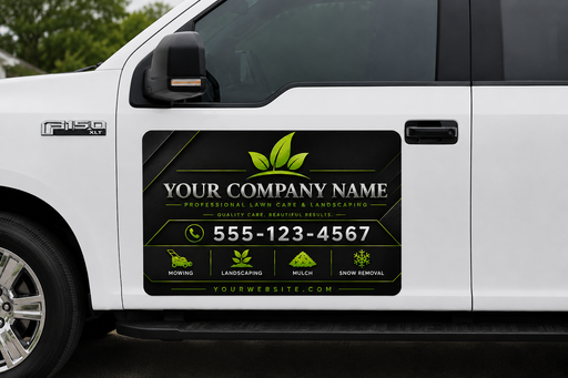 Luxury lawn care vehicle magnet or vinyl decal featuring a black background, green leaf logo, company name, phone number, landscaping service icons, and website information.