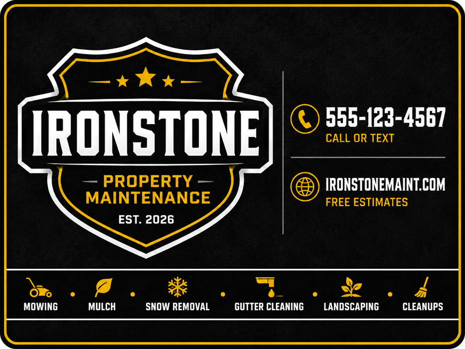 Custom property maintenance vehicle magnets and vinyl decals featuring company branding, service listings, phone number, and website information. Ideal for lawn care, landscaping, snow removal, and maintenance contractors.