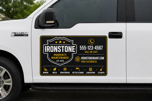 Custom property maintenance vehicle magnets and vinyl decals featuring company branding, service listings, phone number, and website information. Ideal for lawn care, landscaping, snow removal, and maintenance contractors.