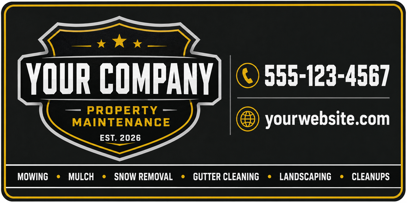 Custom property maintenance vehicle magnets and vinyl decals featuring company branding, service listings, phone number, and website information. Ideal for lawn care, landscaping, snow removal, and maintenance contractors.