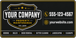 Custom property maintenance vehicle magnets and vinyl decals featuring company branding, service listings, phone number, and website information. Ideal for lawn care, landscaping, snow removal, and maintenance contractors.