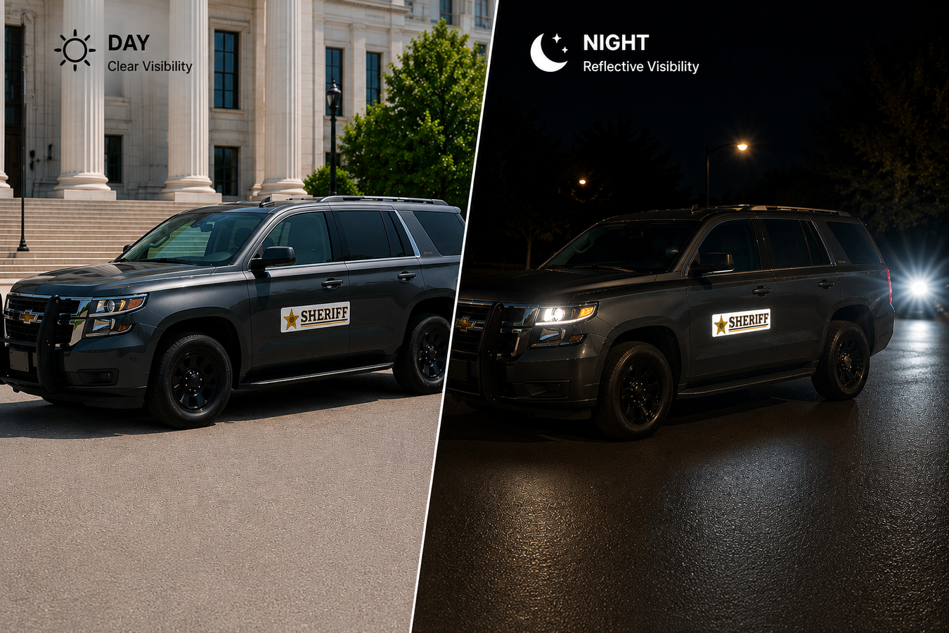 Reflective sheriff magnetic sign demonstrating increased nighttime visibility for public safety and government vehicles.