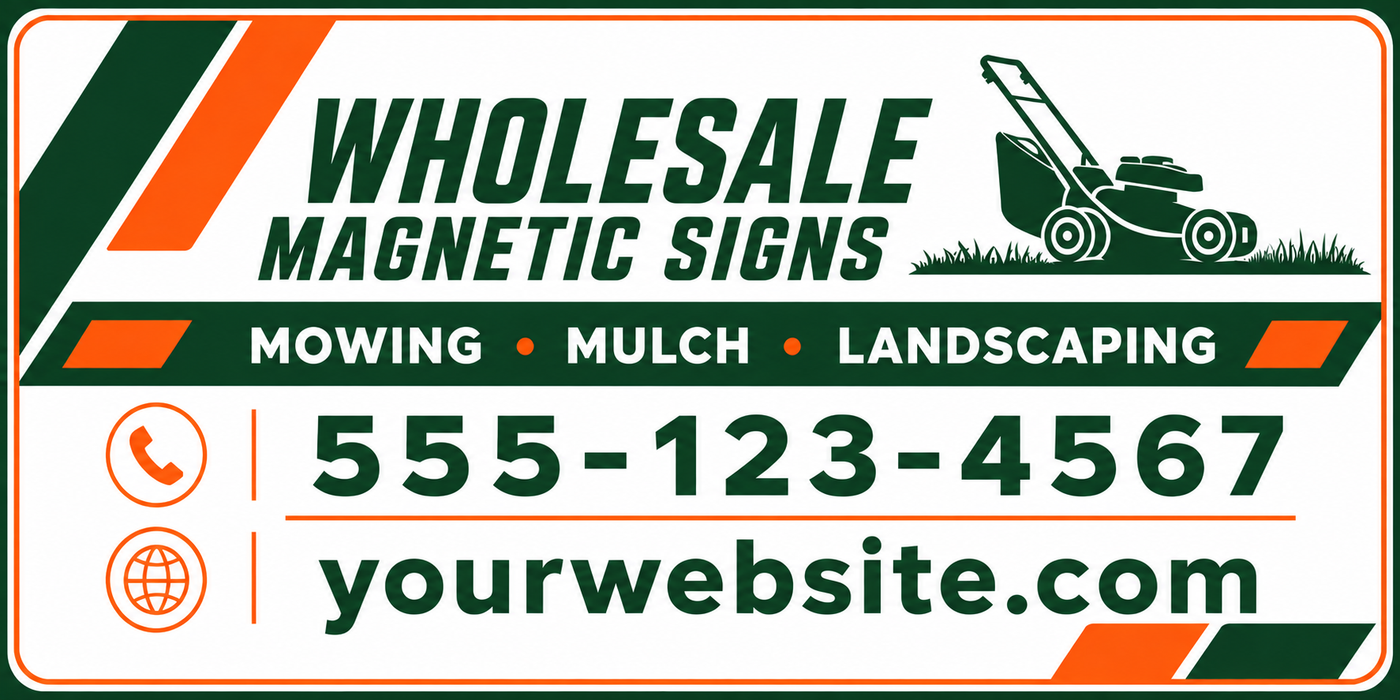 Custom lawn care vehicle magnetic sign with company name, phone number, website, mowing, mulch, and landscaping services