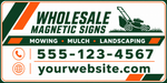 Custom lawn care vehicle magnetic sign with company name, phone number, website, mowing, mulch, and landscaping services