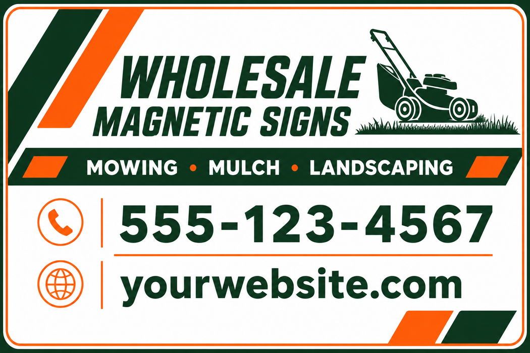 Custom lawn care adhesive vinyl decal sign with company name, phone number, website, mowing, mulch, and landscaping services